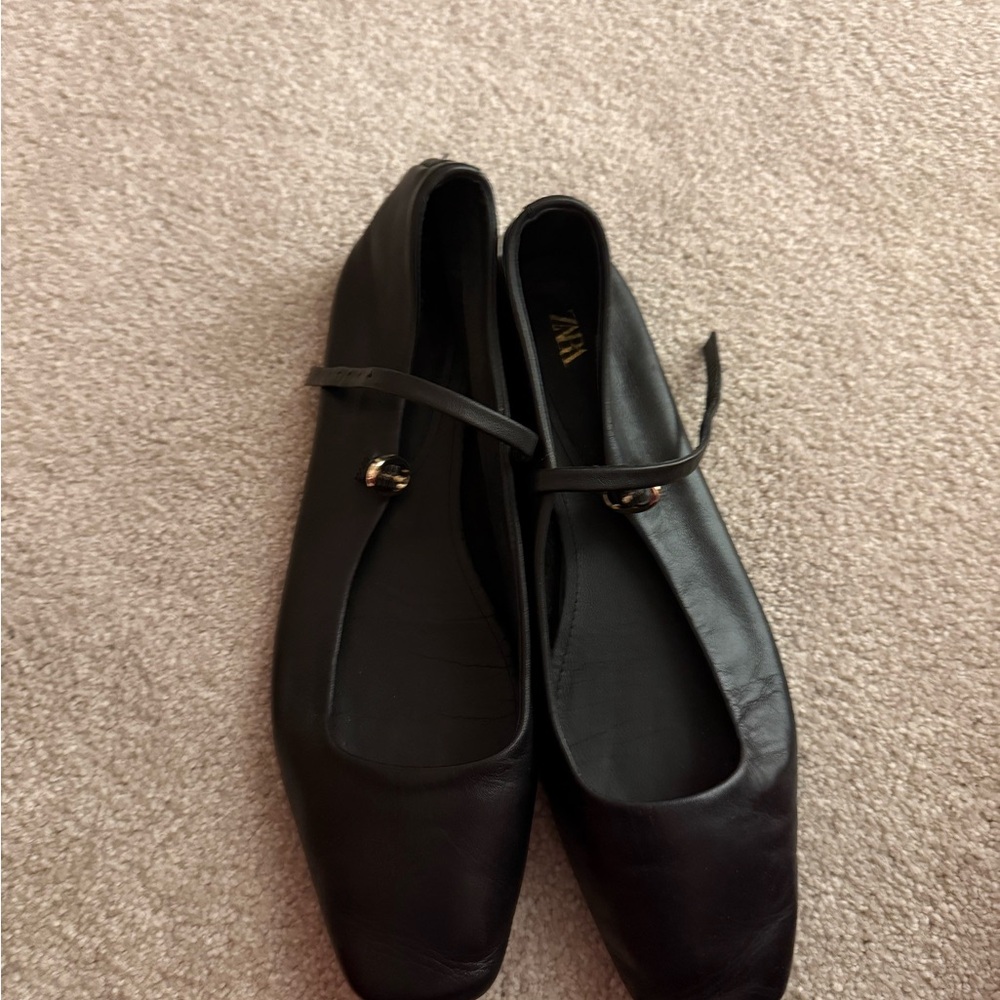 Zara Black Leather Flats with Gold Accent